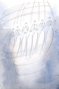 Engler omringet helligdommen og ba under himmelens lys., 2001 (w/c på papir) av Elizabeth Wang
