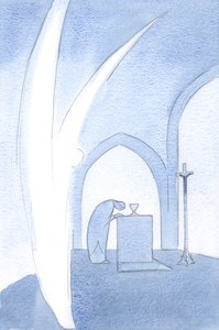Engler ærer verdigheten til Kristi elskede folk; de bøyer seg i hilsen, 2000 (w/c på papir) av Elizabeth Wang