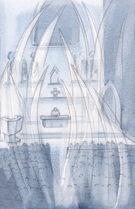 Engler tilber med oss i den hellige messe, bøyer seg for den som døde og sto opp igjen, 2000 (w/c på papir) av Elizabeth Wang
