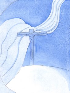 Mens Kristus utøser sitt blod i en ny pakt, sveiper en stor ondsinnet vind over korset, truer og ødelegger, 2001 (w/c på papir) av Elizabeth Wang