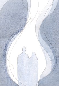 Mens jeg ba, i fellesskap med Kristus og hans mor, var min lille bønnsflamme en del av den store flammen, stigende., 2001 (w/c på papir) av Elizabeth Wang