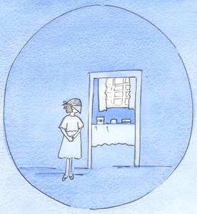 Som en kjærlig far øker barnets glede, før en fest, ved å be henne vente, med bind for øynene, mens forberedelsene gjøres, slik kan Gud skjule gledene fremover, til vårt beste, 2003 (w/c på papir) av Elizabeth Wang