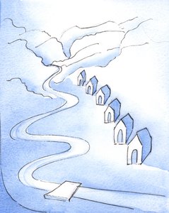 Som en munk arbeider, ved bønn, eksempel, undervisning og vennlighet, for å ta vare på og utdanne barn, hjelper han med å bygge dem inn i en serie med Den Hellige Ånds templer, 2003 (w/c på papir) av Elizabeth Wang