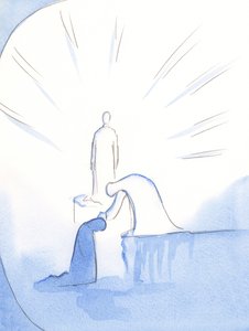 Som om hun bøyde seg fra en sokkel, rakte Vår Frue ut hånden og strøk meg over hodet. Hun gleder seg over de som snakker med glede om henne til andre, 2002 (w/c på papir) av Elizabeth Wang