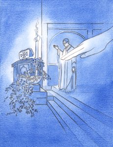 Mens presten rakte ut hånden for å velsigne vannet i fonten, i påsken, rakte Gud Fader ut hånden og rørte ved vannet, 2002 (w/c på papir) av Elizabeth Wang