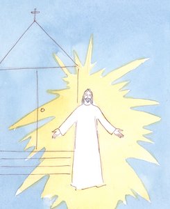 Når vi går inn i kirken, hilser Kristus oss fra tabernaklet. Han gleder seg spesielt når vi elsker og hedrer hans mor på hennes festdager., 2004 (w/c på papir) av Elizabeth Wang