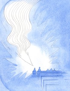 Ved nattverden falt en stor flamme, som en pil, ned. Kristus var kommet i sin Ånds kraft, Faderens liv, i sin egen kjærlighet, 2001 (w/c på papir) av Elizabeth Wang