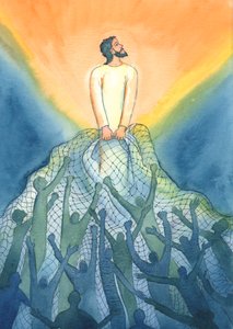 Ved messen trekker Jesus, som en fisker, inn i sitt rike de som elsker ham, 2001 (w/c på papir) av Elizabeth Wang