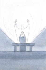 Ved ofringen tryglet Kristus på våre vegne, armene strakt ut til Faderen., 2000 (w/c på papir) av Elizabeth Wang