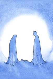 Ved synet av den mirakuløse babyen (hvis mor sto foran ham i fortsatt jomfruelig hellighet) ble St. Joseph kraftig belønnet for sin tro., 2001 (w/c på papir) av Elizabeth Wang