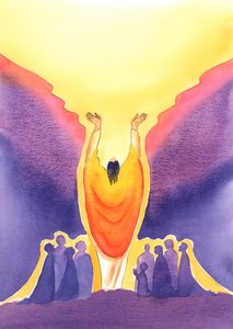 Fordi Jesus Kristus er Gud så vel som menneske, og tilstede blant oss ved messe, 2003 (w/c på papir) av Elizabeth Wang