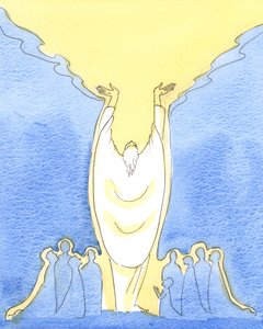 Fordi Jesus Kristus er Gud så vel som menneske, og tilstede blant oss ved messe, 2003 (w/c på papir) av Elizabeth Wang
