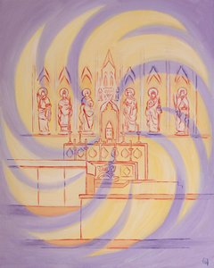 Foran tabernaklet er vi i den levende Guds nærvær, hvis treenige herlighet fyller kirken, 2003 (olje om bord) av Elizabeth Wang