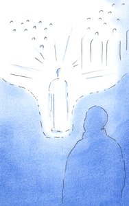 Ved bønn bringes vi veldig nær himmelens hellige, som om himmelens gulv synker. Alle våre troshandlinger fører oss enda nærmere, 2002 (w/c på papir) av Elizabeth Wang