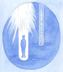 Ved å se vårt daglige liv, i Guds lys, ser vi "lagene" av lovprisning, arbeid, harme, utilgitte synder, uutbedrede feil - som å ta prøver av kjerne fra bakken, 2001 (w/c på papir) av Elizabeth Wang