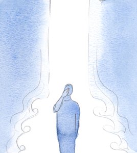 Ved korsets tegn, og aksept av en apostolisk velsignelse, strømmet Guds kraft ut, med en økning av nåder og salighet., 2001 (w/c på papir) av Elizabeth Wang