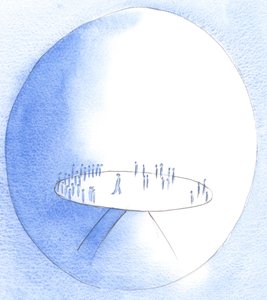 Ved den minste ond tanke eller handling, kan vi "tilte hele bakken", og få andre til å falle inn i mørket, 2002 (w/c på papir) av Elizabeth Wang
