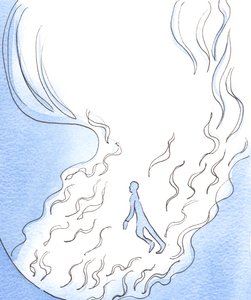 Guds barn er i spill i hans nærvær, ser det ut til, blant flammens ranker som Faderen strekker seg ut med fra Guddommens store, lyse ild, 2003 (w/c på papir) av Elizabeth Wang