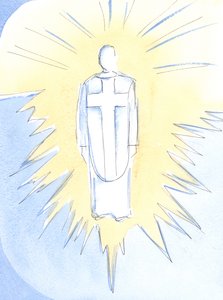 Kristus - nesten uutholdelig blendende, kongelig og mektig - hersker nå i himmelen, sann mann og sann Gud, vår yppersteprest, 2002 (w/c på papir) av Elizabeth Wang