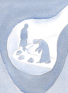 Kristus selv, i sin ydmykhet, bøyer seg for å hjelpe oss, igjen og igjen; rette opp feilene våre - "søppelet vårt", 2000 (w/c på papir) av Elizabeth Wang