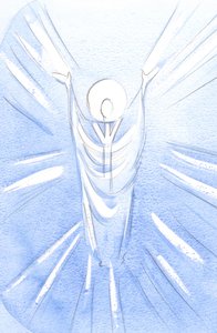 Kristus, oppstanden og herlig, er virkelig tilstede i det hellige sakramentet. Kledd som prest ber han til Faderen på våre vegne, 2001 (w/c på papir) av Elizabeth Wang