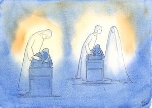 Kristus og hans mor er fornøyd hver gang vi henvender oss til dem med enkelheten og tilliten til et barn, 2003 (w/c på papir) av Elizabeth Wang