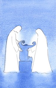 Kristus og Vår Frue er alltid ivrige etter å hjelpe oss. Deres assistanse er øm, personlig og uopphørlig, hele veien til himmelen, 2002 (w/c på papir) av Elizabeth Wang