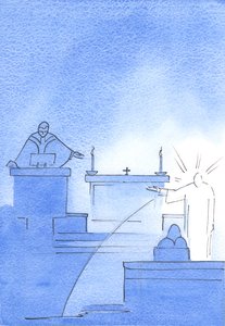 Kristus dukket opp foran meg, armen hans holdt opp for å indikere prekestolen der, fortalte han meg, sannhet snakkes om Gud og mennesket, 2003 (w/c på papir) av Elizabeth Wang