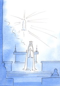 Kristus viste seg, høyt oppe i helligdommen, og sendte ned sin mor for å gi meg noen gode nyheter. 