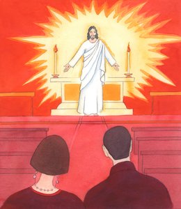 Kristus ba meg si til andre mennesker: «Hvis dere kunne se Jesus i helligdommen, se på dere når dere kommer inn, ville dere gjort bedre knefall», 2005 (akvarell på papir) av Elizabeth Wang