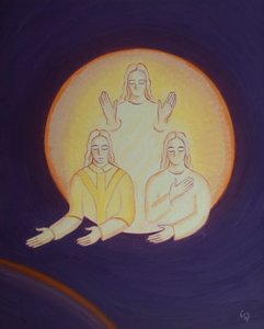 Kristus spør hvor mange av oss på denne jorden nedenfor som virkelig elsker personene i den hellige treenighet, 2002 (olje om bord) av Elizabeth Wang