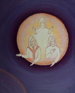 Kristus spør hvor mange av oss på denne jorden nedenfor som virkelig elsker personene i den hellige treenighet, 2002 (olje om bord) av Elizabeth Wang