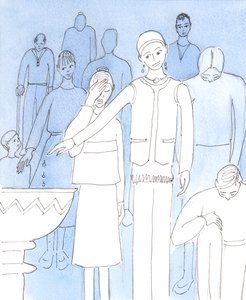 Kristus ber oss gjennomføre en grunnleggende omvurdering av våre nåværende holdninger og handlinger som har å gjøre med ærbødighet overfor ham, 2004 (w/c på papir) av Elizabeth Wang