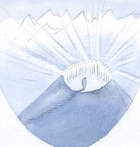 Kristus brakte min sjel til en fjelltopp og til sitt hellige selskap; hvor mange kompromisser og feil (har jeg lært) hadde forlenget reisen min., 2001 (w/c på papir) av Elizabeth Wang
