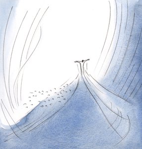 Kristus kommer ut fra Faderens hjerte, ut for å nå oss som er så langt fra Gud. Han trekker oss inn i den guddommelige omfavnelse., 2001 (w/c på papir) av Elizabeth Wang