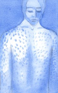 Kristus i sin lidenskap ble hånet og ydmyket; Hele kroppen hans var rå og blødde etter piskingen., 2001 (w/c på papir) av Elizabeth Wang