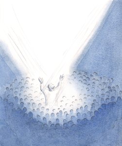 Kristus er tilstede her med oss i messen, virkelig menneskelig, fra vår midte og ofrer sitt opphøyde offer på vegne av sine brødre og søstre., 2001 (w/c på papir) av Elizabeth Wang