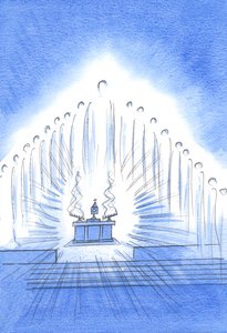 Kristus er tilstede med sine hellige engler ved vår novena og velsignelse; og Vår Frue gleder seg over vår uforskammede hengivenhet, 2002 (w/c på papir) av Elizabeth Wang