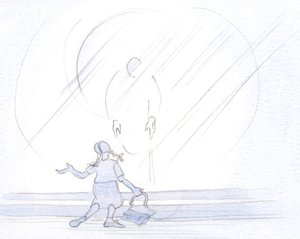 Kristus er øm mot oss, uansett humør, enten vi hilser ham i tristhet, eller som en skolejente i støyende glede., 2001 (w/c på papir) av Elizabeth Wang