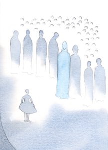 Kristus lytter med glede når vi bringer noe til ham, som et barn på en konsert, men han lytter mest glede når vi åpner våre hjerter i full tillit., 2000 (w/c på papir) av Elizabeth Wang