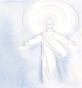Kristus elsker å hilse på sine venner i nattverden, 2000 (w/c på papir) av Elizabeth Wang