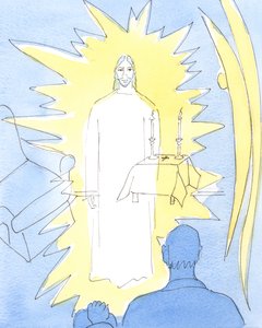 Kristus vår Gud som hersker i evig herlighet, er virkelig tilstede i det hellige sakramentet i kirken og i hjemmene til de syke som mottar nattverden, 2004 (w/c på papir) av Elizabeth Wang