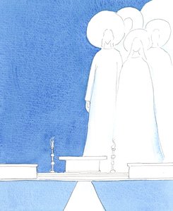Kristus vår Gud er nærværende i helligdommen, med de hellige som nå lever i hans kjærlighet, 2005 (akvarell på papir) av Elizabeth Wang