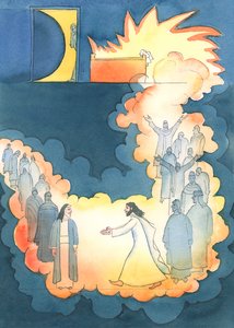Kristus skyndte seg å se Abraham i underverdenen, 2004 (w/c på papir) av Elizabeth Wang