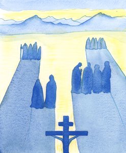 Kristus så, fra korset, en mengde tilskuere: de forvirrede, de nysgjerrige, de fiendtlige og de sympatiske, 2003 (w/c på papir) av Elizabeth Wang