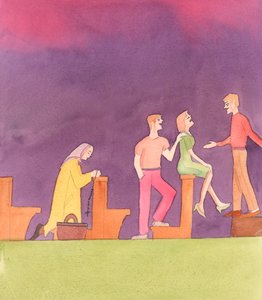 Kristus ser det som tragisk at de høyeste stemmene i kirken i dag ofte er dissidenter, som noen ganger håner Kristi «små» som «fundamentalistiske» eller gammeldagse, og er skamløse over å forstyrre bønnene deres, 2005 (akvarell på papir) av Elizabeth Wang