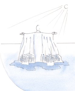 Kristus beskytter og handler for alle som har gjemt seg under hans klær; Han er som et telt eller tabernakel, i livets ørken., 2001 (w/c på papir) av Elizabeth Wang