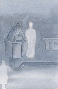 Kristus sto ved siden av presten som leste det hellige evangelium for oss alle, som var Kristi eget ord., 2000 (w/c på papir) av Elizabeth Wang