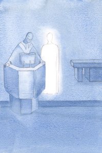 Kristus sto ved siden av presten som leste det hellige evangelium for oss alle, som var Kristi eget ord., 2000 (w/c på papir) av Elizabeth Wang