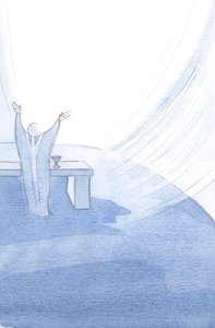 Kristus opprettholder sin hellige kirke i hvert øyeblikk av hennes liv, armene utstrakt når han ofrer sitt hellige offer., 2001 (w/c på papir) av Elizabeth Wang